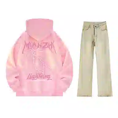 棉致 美式高街闪电字母印花宽松休闲百搭套头落肩长袖上衣水洗做旧微喇牛仔裤连帽卫衣套装 男女同款