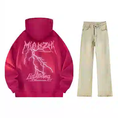 棉致 美式高街闪电字母印花宽松休闲百搭套头落肩长袖上衣水洗做旧微喇牛仔裤连帽卫衣套装 男女同款