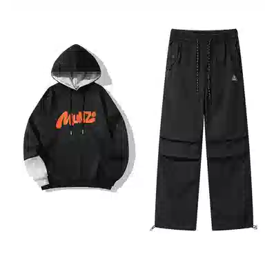 星际者 连帽字母印花简约上衣阔腿直筒美式高街运动休闲工装裤卫衣套装 男女同款