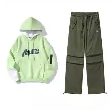 星际者 连帽字母印花简约上衣阔腿直筒美式高街运动休闲工装裤卫衣套装 男女同款