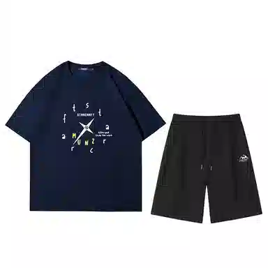 星际者 基础款创意时钟字母印花短袖潮牌中腰系带短裤休闲运动套装 男女同款