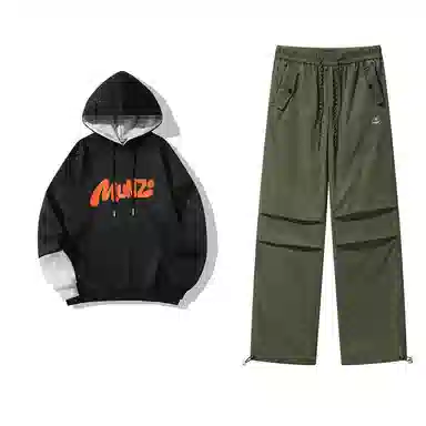 星际者 连帽字母印花简约上衣阔腿直筒美式高街运动休闲工装裤卫衣套装 男女同款