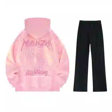 棉致 美式高街闪电字母印花宽松休闲百搭套头落肩长袖上衣水洗做旧微喇牛仔裤连帽卫衣套装 男女同款