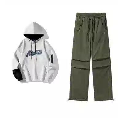 星际者 连帽字母印花简约上衣阔腿直筒美式高街运动休闲工装裤卫衣套装 男女同款