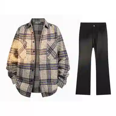 啄木鸟 复古千鸟格长袖上衣休闲系带直筒长裤衬衫套装 男款