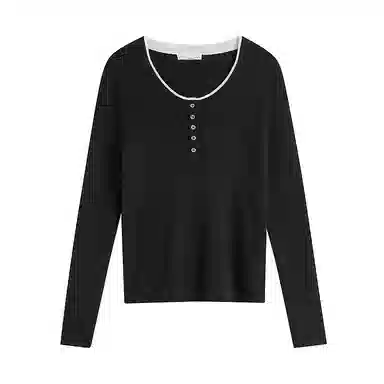 茵曼 假两件撞色拼接圆领修身长袖针织衫 女款