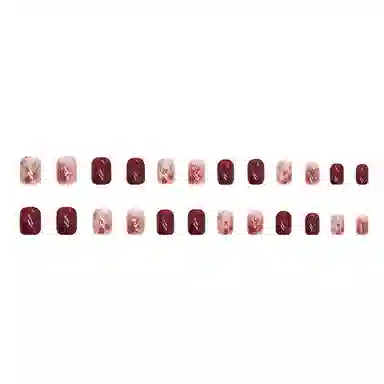 馨枕居 金箔晕染冰透枣红色  穿戴甲 短圆玫瑰红渐变 新中式