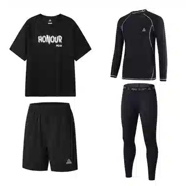 匹克 速干透气短袖五分短裤舒适健身衣训练紧身休闲运动套装 男款 黑色四件套