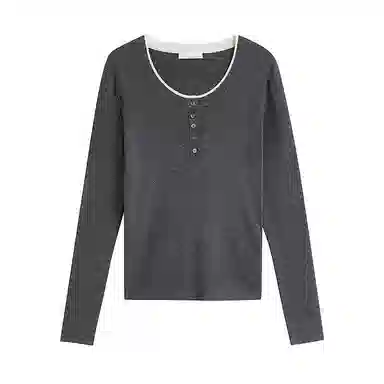 茵曼 假两件撞色拼接圆领修身长袖针织衫 女款