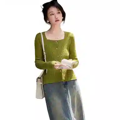 【dme】 纯色方领单排扣长袖针织衫 女款