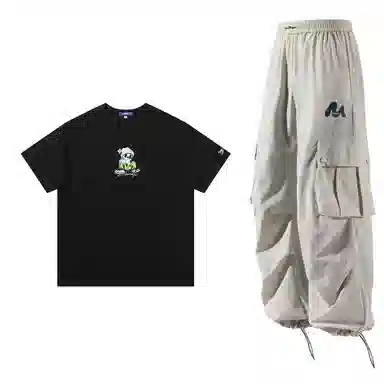 星际者 简约纯色短袖上衣工装裤情侣休闲运动套装 男女同款