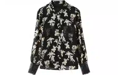 恒源祥 印花拼接花边立领长袖雪纺衫 女款