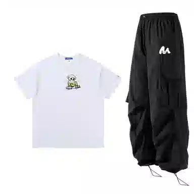 星际者 简约纯色短袖上衣工装裤情侣休闲运动套装 男女同款