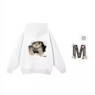 棉购 破洞猫动物图案连帽休闲宽松慵懒风设计感长袖卫衣 女款