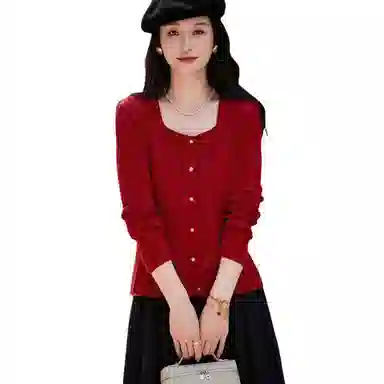 【dme】 纯色方领单排扣长袖针织衫 女款