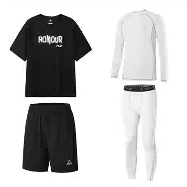 匹克 速干透气短袖五分短裤舒适健身衣训练紧身休闲运动套装 男款 黑色四件套