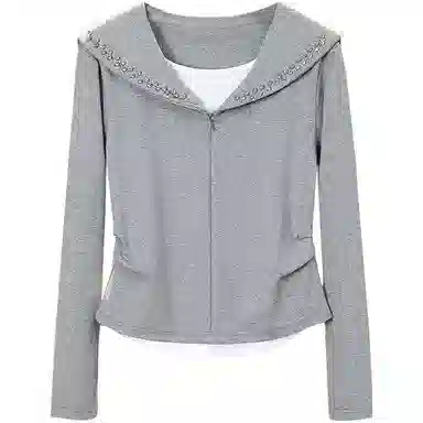 她池 海军领修身假两件长袖卫衣 女款 浅灰色