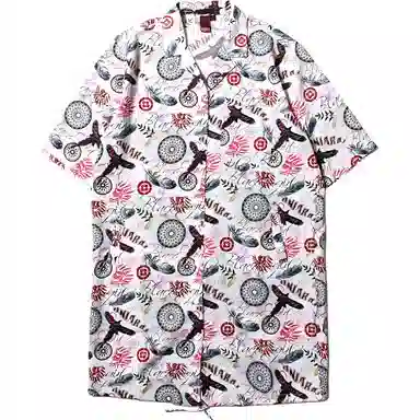 鬼洗 满印立领纽扣中长款短袖衬衫 女款