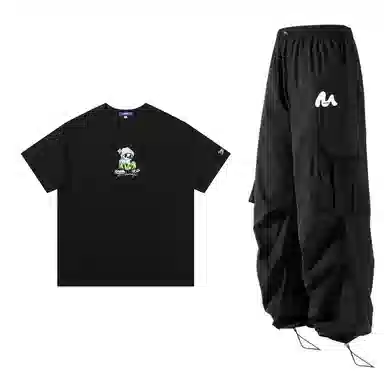 星际者 简约纯色短袖上衣工装裤情侣休闲运动套装 男女同款