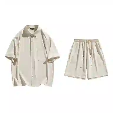 大卫贝肯 美式复古简约纯色宽松透气高级感痞帅垂感短袖上衣休闲字母休闲短裤衬衫套装 男女同款