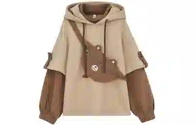 森女部落 假两件拼色拼接加绒长袖连帽卫衣 女款 棕色