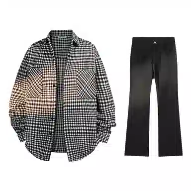 啄木鸟 复古千鸟格长袖上衣休闲系带直筒长裤衬衫套装 男款