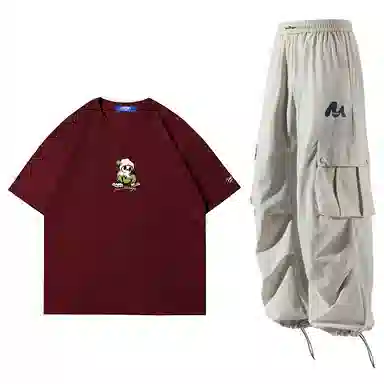 星际者 简约纯色短袖上衣工装裤情侣休闲运动套装 男女同款