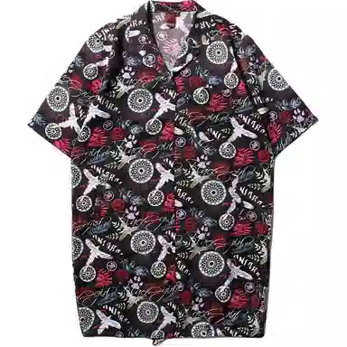 鬼洗 满印立领纽扣中长款短袖衬衫 女款