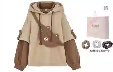 森女部落 假两件拼色拼接加绒长袖连帽卫衣 女款 棕色
