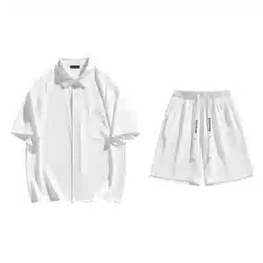 大卫贝肯 美式复古简约纯色宽松透气高级感痞帅垂感短袖上衣休闲字母休闲短裤衬衫套装 男女同款