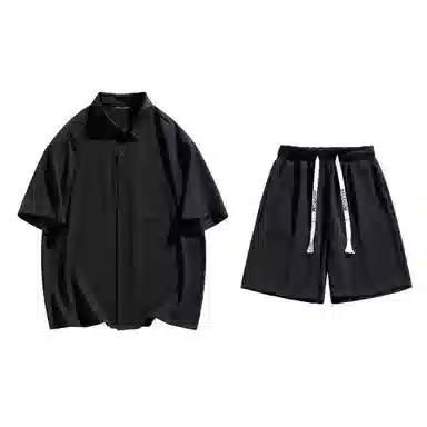 大卫贝肯 美式复古简约纯色宽松透气高级感痞帅垂感短袖上衣休闲字母休闲短裤衬衫套装 男女同款