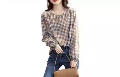 【dme】 休闲圆领系带圆点长袖雪纺衫 女款 灰蓝