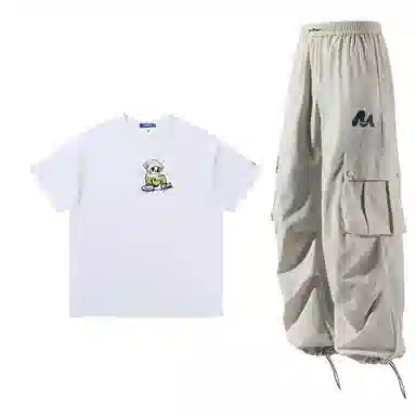 星际者 简约纯色短袖上衣工装裤情侣休闲运动套装 男女同款