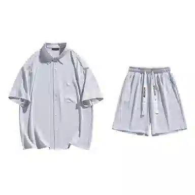 大卫贝肯 美式复古简约纯色宽松透气高级感痞帅垂感短袖上衣休闲字母休闲短裤衬衫套装 男女同款