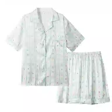 夏芬妍 可爱舒适卡通条纹小熊冰丝翻领家居服亲肤休闲短袖短裤时尚可外穿睡衣套装 女款 蓝色