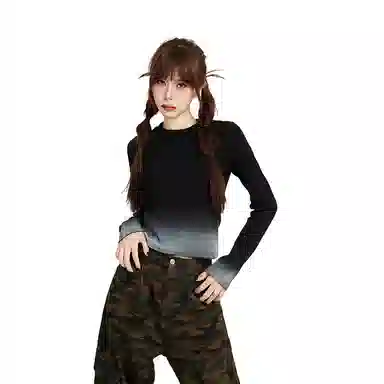 柏黛妃 渐变内搭修身短款圆领长袖针织衫 女 黑色