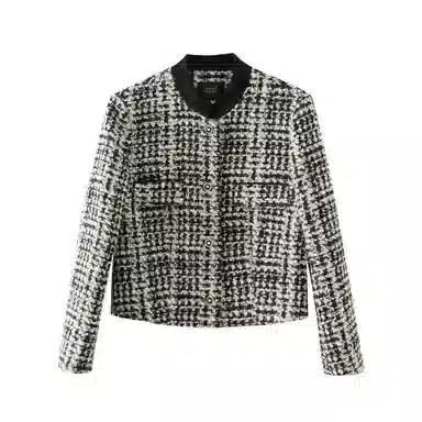 娅丽达 立领千鸟格小香风羊毛加厚夹克 女款 黑色