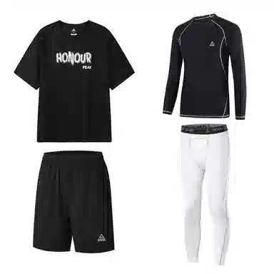 匹克 速干透气短袖五分短裤舒适健身衣训练紧身休闲运动套装 男款 黑色四件套