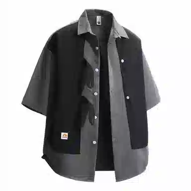 敦煌博物馆 美式潮流假两件拼色宽松百搭通勤休闲百搭短袖衬衫 男女同款