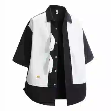 敦煌博物馆 美式潮流假两件拼色宽松百搭通勤休闲百搭短袖衬衫 男女同款