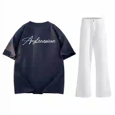 稻草人 美式高街花体字母百搭重磅纯棉宽松落肩短袖中腰水洗做旧垂感微喇叭牛仔裤休闲运动套装 男女同款