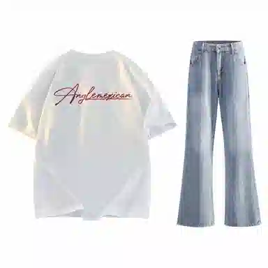 稻草人 美式高街花体字母百搭重磅纯棉宽松落肩短袖中腰水洗做旧垂感微喇叭牛仔裤休闲运动套装 男女同款