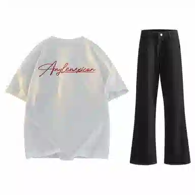 稻草人 美式高街花体字母百搭重磅纯棉宽松落肩短袖中腰水洗做旧垂感微喇叭牛仔裤休闲运动套装 男女同款