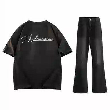 稻草人 美式高街花体字母百搭重磅纯棉宽松落肩短袖中腰水洗做旧垂感微喇叭牛仔裤休闲运动套装 男女同款