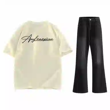 稻草人 美式高街花体字母百搭重磅纯棉宽松落肩短袖中腰水洗做旧垂感微喇叭牛仔裤休闲运动套装 男女同款