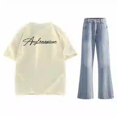 稻草人 美式高街花体字母百搭重磅纯棉宽松落肩短袖中腰水洗做旧垂感微喇叭牛仔裤休闲运动套装 男女同款