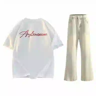 稻草人 美式高街花体字母百搭重磅纯棉宽松落肩短袖中腰水洗做旧垂感微喇叭牛仔裤休闲运动套装 男女同款