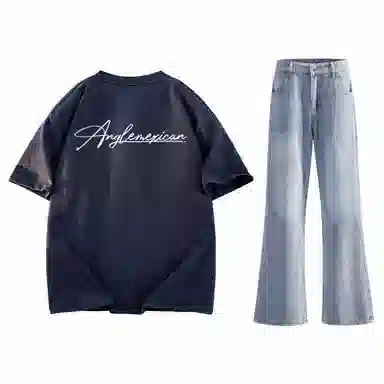 稻草人 美式高街花体字母百搭重磅纯棉宽松落肩短袖中腰水洗做旧垂感微喇叭牛仔裤休闲运动套装 男女同款