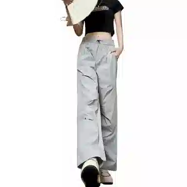 哲源 美式复古褶皱铆钉设计感高街基础款阔腿潮牌简约校园户外通勤运动宽松直筒垂感日常百搭系绳休闲裤 男女同款