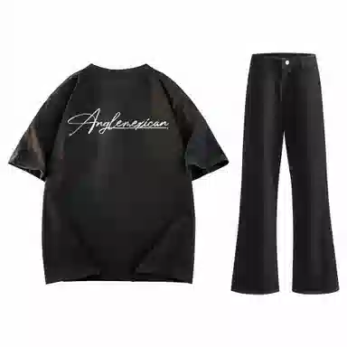 稻草人 美式高街花体字母百搭重磅纯棉宽松落肩短袖中腰水洗做旧垂感微喇叭牛仔裤休闲运动套装 男女同款